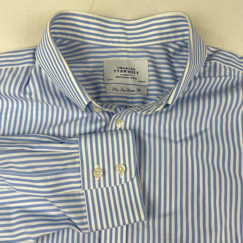 Charles Tyrwhitt Mens Blue White Striped Non Iron Classic Fit Shirt 18 37 0074